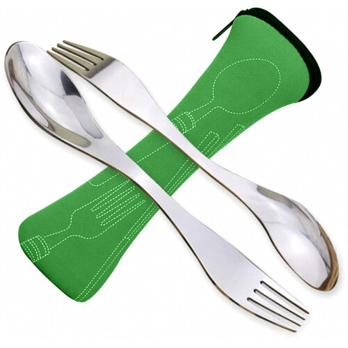 Edelstahl-Campingbesteck (Gabel und Löffel), leicht, 2er-Pack, grün