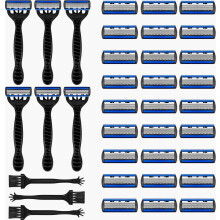 Men's Razor Set with 6 Wet Razors, 27 Replacement Blades, Lubricating Strips, 6-Blade Design and 3 Cleaning Brushes for