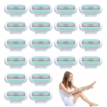 20 vervangende scheermesjes voor vrouwen, ontwerp met 3 mesjes en hydraterende strip, wasbaar en herbruikbaar, eenvoudig te vervangen.