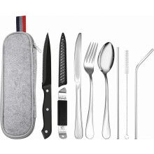 Camping Cutlery Set for 1 Person, 9 Piece Stainless Steel Travel Utensils, Silver Portable Flatware Set