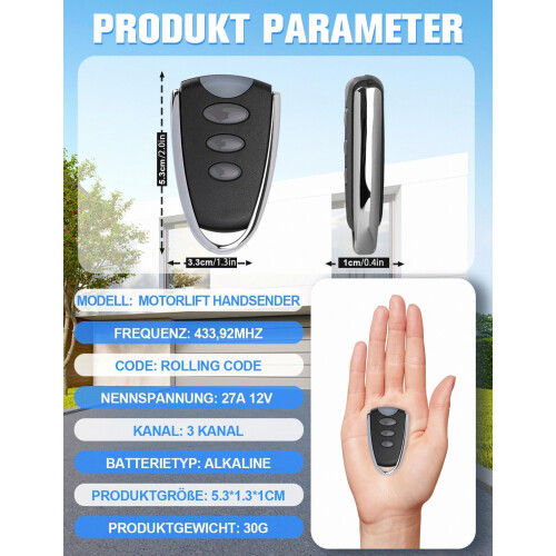 Garage Door Remote Control Replacement 433.92MHz for TX4RUNI, Compact Durable Transmitter 2