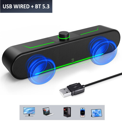 Portable 2 in 1 Wired Bluetooth Computer PC Speaker Soundbar for Desktop Laptop 2