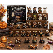 Adventskalender met Schotse hooglandkoe-thema voor Halloween 2026, 24 dagen aftelkalender met 24 2D Schotse hooglandkoe-poppetjes, grie