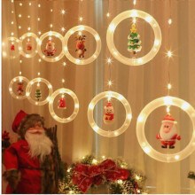 EVAGO LED kerstgordijn met kerstmanlampjes, warmwitte kerstverlichting, kerstornamenten met kerstman en eland, en USB-voeding.