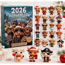 Kerst adventskalender 2026 met Schotse hooglandkoe, diverse Schotse hooglandkoe-beeldjes in verschillende kostuums, kerst aftelverrassi