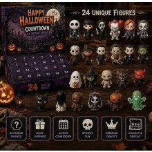 24-daagse Halloween-aftelkalender met 24 platte 2D-figuren met griezelige personages. Geen 3D-figuurtjes inbegrepen.