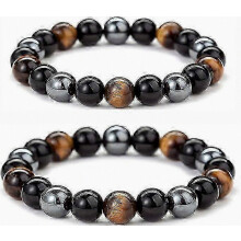 Triple Protection Bracelet Set With Black Obsidian Tiger Eye Hematite Stones Unisex 16cm Luck Charm