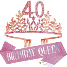 HPMAISON Women Birthday Crown with Combs & A Pink Sash Rhinestone Headband Princess Tiara Cake Topper Party Costume Accessories Tiara and Belt for