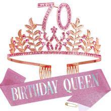 HPMAISON Women Birthday Crown with Combs & A Pink Sash Rhinestone Headband Princess Tiara Cake Topper Party Costume Accessories Tiara and Belt for