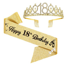18th Birthday Decoration Sash and Tiara Rhinestone Crown for 18th (Gold)