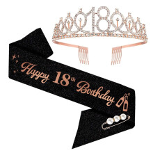 18th Birthday Decorations Sash and Tiara Rhinestone Crown (Rose Gold)