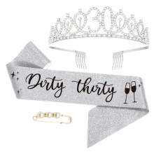 30th Birthday Decoration Sash and Tiara Rhinestone Crown for 30th-Sliver