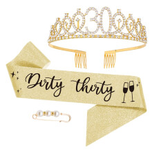 30th Birthday Decoration Sash and Tiara Rhinestone Crown for 30th-Gold