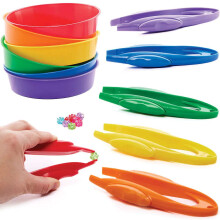 Baker Ross FC936 Plastic Tweezers and Sorting Trays - Pack of 6 Sets, 13cm Trays, Assorted Colours, Sorting Tools, Craft Tools
