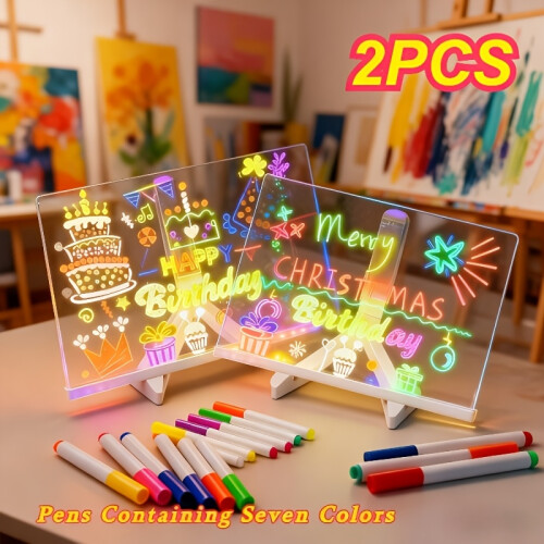 LED Illuminated Premium Acrylic Drawing Tablet, Erasable Whiteboard Message Panel With 7-color Pens And Night Light, USB Powered