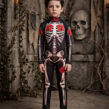(1, 9-10Y) Rose Skull Jumpsuit, Boys Halloween Jumpsuit, Long Sleeve Turtle Neck Skinny Skull Print Jumpsuit, Skull Print Dress Up Set