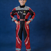 (Red, 9-10Y) Cool Racer Costumes For Kids, Three-piece Set Including Onesie, Hat And Belt, Perfect For Carnival, Halloween, Stage Performances