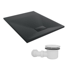 SunDaze 1000 x 800mm SMC Black Rectangle Slate Effect Shower Tray with Fluidmaster 90mm Fast Flow Waste