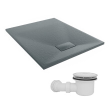 SunDaze 1000 x 800mm SMC Anthracite Rectangle Slate Effect Shower Tray with Fluidmaster 90mm Fast Flow Waste
