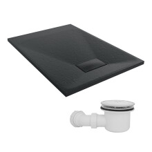 SunDaze 1000 x 700mm SMC Black Rectangle Slate Effect Shower Tray with Fluidmaster 90mm Fast Flow Waste