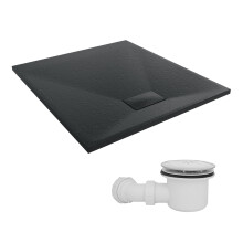 SunDaze 1000 x 900mm SMC Black Rectangle Slate Effect Shower Tray with Fluidmaster 90mm Fast Flow Waste