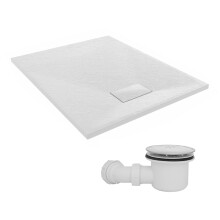 SunDaze 1000 x 800mm SMC White Rectangle Slate Effect Shower Tray with Fluidmaster 90mm Fast Flow Waste