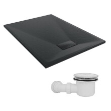SunDaze 1100 x 800mm SMC Black Rectangle Slate Effect Shower Tray with Fluidmaster 90mm Fast Flow Waste