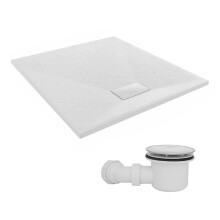 SunDaze 1000 x 900mm SMC White Rectangle Slate Effect Shower Tray with Fluidmaster 90mm Fast Flow Waste