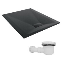 SunDaze 1100 x 900mm SMC Black Rectangle Slate Effect Shower Tray with Fluidmaster 90mm Fast Flow Waste