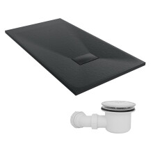 SunDaze 1300 x 700mm SMC Black Rectangle Slate Effect Shower Tray with Fluidmaster 90mm Fast Flow Waste