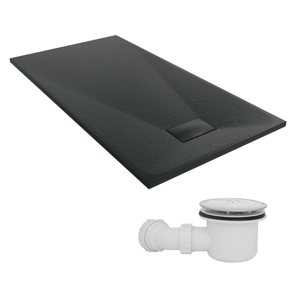 Sundaze 1500 X 800Mm Smc Black Rectangle Slate Effect Shower Tray With Fluidmaster 90Mm Fast Flow Waste 5063767591322