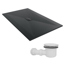 SunDaze 1600 x 1000mm SMC Black Rectangle Slate Effect Shower Tray with Fluidmaster 90mm Fast Flow Waste