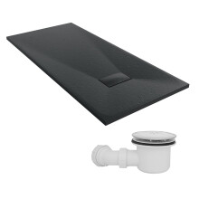 SunDaze 1500 x 700mm SMC Black Rectangle Slate Effect Shower Tray with Fluidmaster 90mm Fast Flow Waste