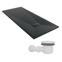 SunDaze 1600 x 700mm SMC Black Rectangle Slate Effect Shower Tray with Fluidmaster 90mm Fast Flow Waste