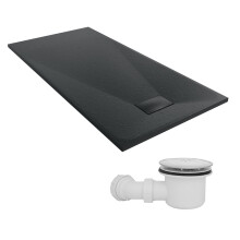 SunDaze 1600 x 800mm SMC Black Rectangle Slate Effect Shower Tray with Fluidmaster 90mm Fast Flow Waste