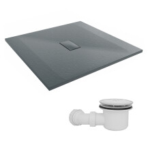 SunDaze 1000 x 1000mm SMC Anthracite Square Slate Effect Shower Tray with Fluidmaster 90mm Fast Flow Waste