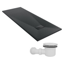 SunDaze 1800 x 700mm SMC Black Rectangle Slate Effect Shower Tray with Fluidmaster 90mm Fast Flow Waste