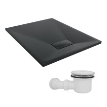 SunDaze 900 x 700mm SMC Black Rectangle Slate Effect Shower Tray with Fluidmaster 90mm Fast Flow Waste
