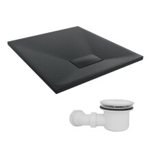 SunDaze 800 x 700mm SMC Black Rectangle Slate Effect Shower Tray with Fluidmaster 90mm Fast Flow Waste