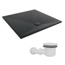 SunDaze 900 x 900mm SMC Black Square Slate Effect Shower Tray with Fluidmaster 90mm Fast Flow Waste