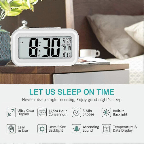 digital alarm clock, 12/24hr bedside clock with lcd backlit display, clock with date calendar temperature 1
