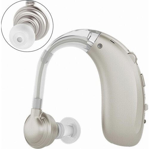 Wireless Ear Hook Hearing Amplifier, USB Rechargeable, Behind-The-Ear Hearing Aid, High Volume, Silver