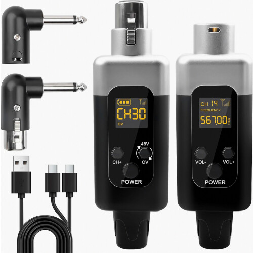 Wireless Microphone Transmitter Receiver, 2.4G 1 to 1 UHF Wireless Audio System, 48V Phantom Power, Compatible with Dyna
