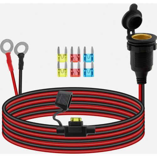 Waterproof 12V/24V Cigarette Lighter Socket with 3m Cable, 20A Load Capacity, 2.5 mm2 Connection Cable, 8 mm Ring Eyelet