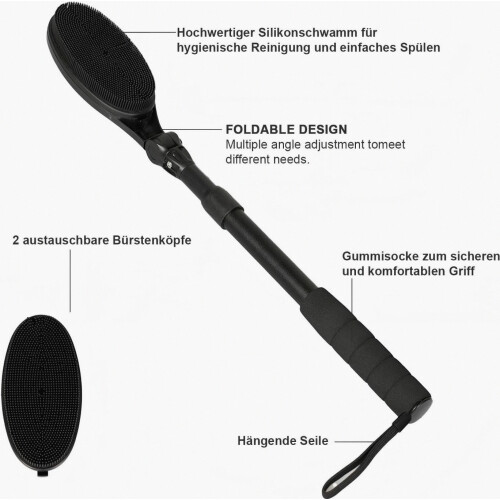 Silicone Body Brush with Adjustable Angle and Extendable Handle, Foldable Back Scrubber for Bathroom, 1 Attachment, Deep 2