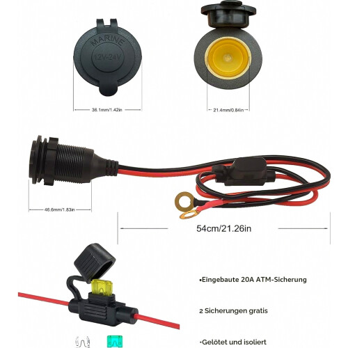 Waterproof 12V/24V Cigarette Lighter Socket with 3m Cable, 20A Load Capacity, 2.5 mm2 Connection Cable, 8 mm Ring Eyelet 1