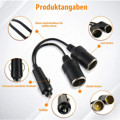 Car and Motorcycle Cigarette Lighter Plug Adapter, 2 Way Car Cigarette Lighter Distributor, Cigarette Lighter Coupler, E 2