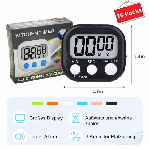 16 Pack Digital Timer, Multifunctional Electronic Timer, Mini Stopwatch with Loud Alarm, Ideal for Kitchen, Games, Teach