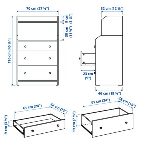 IKEA HAUGA Chest 3 Drawers 70x46x116 cm 1