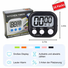 Cronômetro digital multifuncional com alarme sonoro, pacote com 16 unidades. Ideal para cozinha, jogos e atividades escolares.